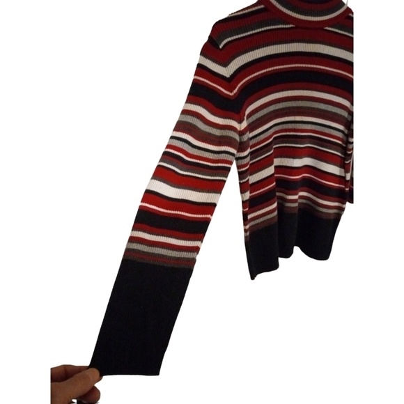 90s Y2K Striped Mock Neck Karen Scott "Semi" Cropped Hem Long Sleeved Sweater M - Picture 2 of 8
